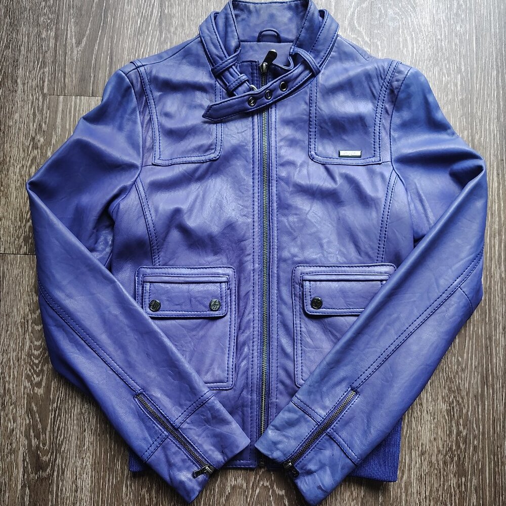 Sean John Purple Moto Jacket 100% Genuine Leather Coat Women's Size Medium Y2K